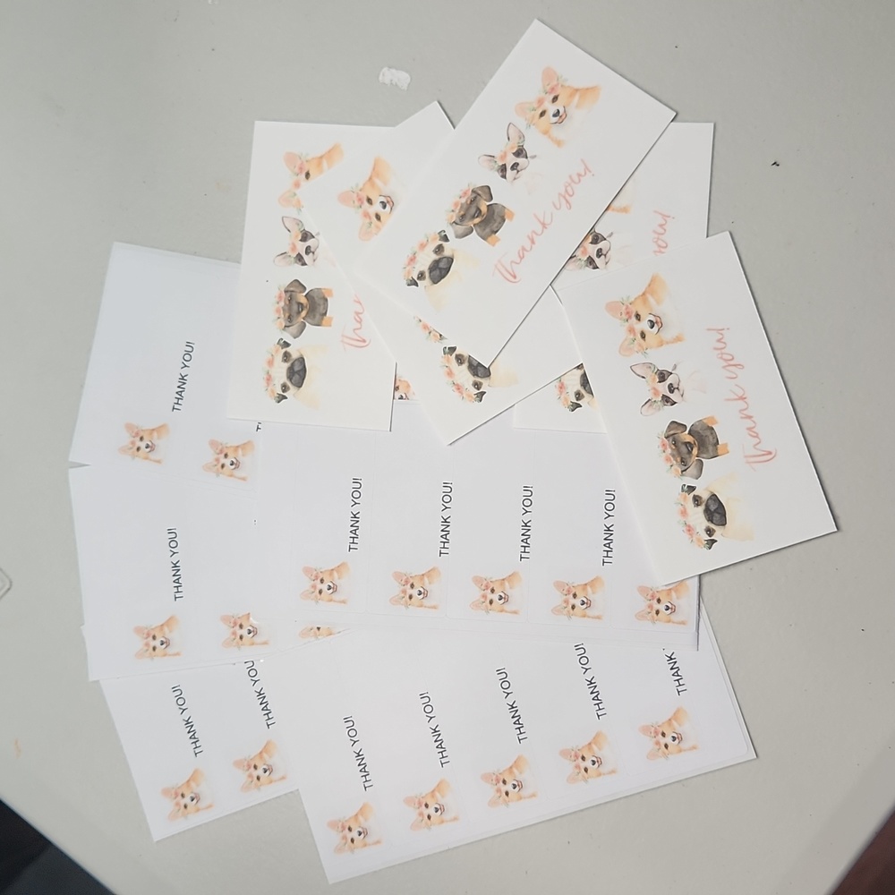 Puppy W/Floral Crowns Business Thank You Cards 50pk & 100 Thank You Stickers